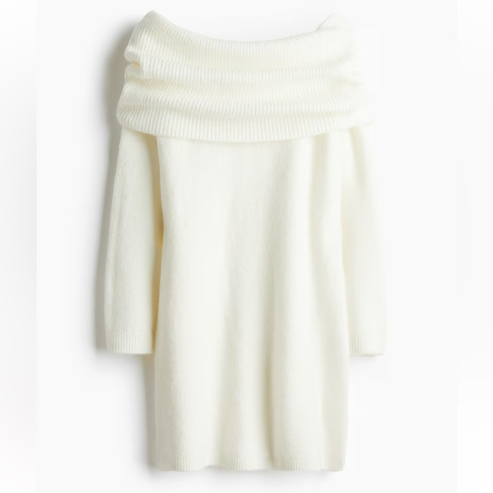 H&M Off-the-Shoulder Fold-Over Sweater Dress in Ivory